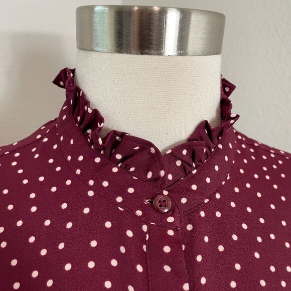 Express Portofino Shirt Womens XS Polka Dot Blouse Burgundy White Ruffle Neck - Picture 2 of 10